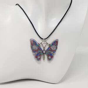 Butterfly Pendant w/ Pink, Blue, Teal Green & Silvery White Resin Necklace